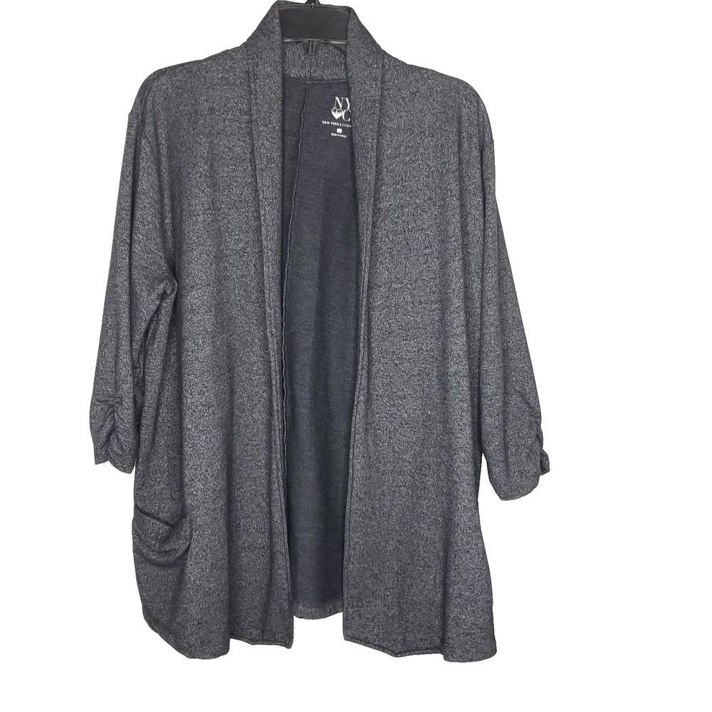 New York & Company Womens SX L Cardigan Gray Heathered Long Open 3/4 Sleeve